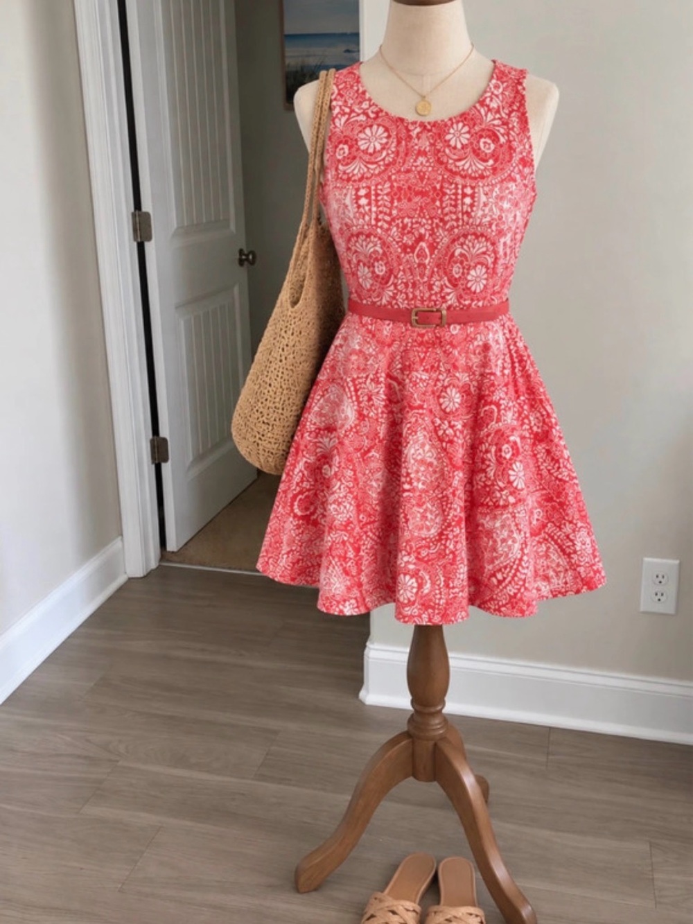 Aeropostale Coral Paisley Sleeveless Fit & Flare Dress with Belt